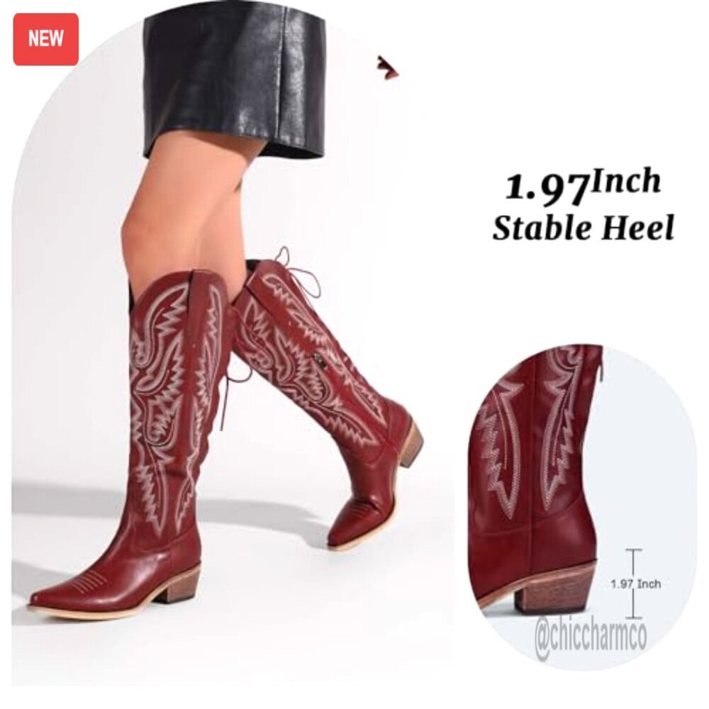 Lace Up Cowboy Boots Wide Calf Chunky Heel Pointed Toe Western Shoes - Picture 4 of 7